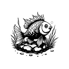 Detailed monochromatic illustration featuring a fish surrounded by aquatic plants and rocks in a stylized design