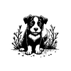 Adorable black and white cartoon puppy illustration with charming details for commercial and artistic use
