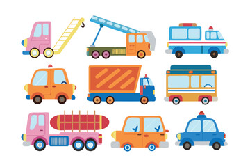 Cartoon Transport Vehicles Array: A lively illustration showcasing an assortment of brightly colored vehicles, inviting viewers into a world of playfulness and imagination, perfect for children.