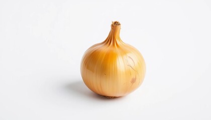 A single, vibrant yellow onion, freshly harvested, sits alone against a pure white backdrop,  background,  macro