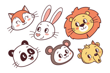 Animal Head Cartoon Collection: A delightful collection of adorable cartoon animal heads, featuring a fox, rabbit, lion, panda, monkey, and hedgehog.