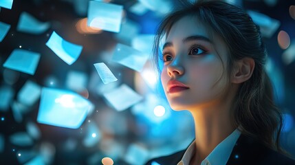 Elegant Portrait of Young Businesswoman surrounded by Floating Digital Interface Screens