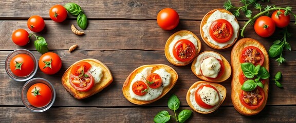 Assortment of Italian appetizers on rustic wood, overhead,  copy space,  food photography