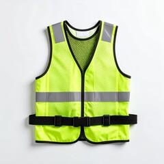 High visibility safety vest, essential protective workwear gear, showcasing occupational safeguard on white background