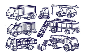 Industrial Vehicles: A collection of various industrial vehicles illustrated, each designed to serve a specific function, highlighting utility and functionality. 