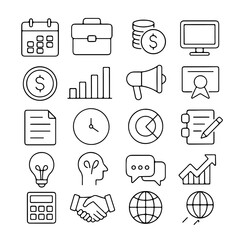 A comprehensive collection of business and finance icons are presented in a line art. This vector illustration includes symbols.