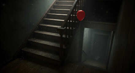 Eerie stairwell featuring a vibrant red balloon, suggesting a haunting narrative and suspenseful
