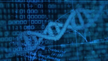 At start, 3D DNA helix forming, rotating while binary streaming, nodes pulsing, visualizing network - Powered by Adobe