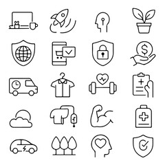 A set of sleek, monochrome line art icons representing various concepts such as technology, environment, and business, suitable for digital design and infographics.
