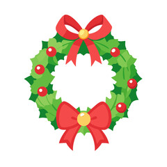 Festive christmas wreath with red bows and berries isolated on white background