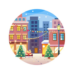 Christmas city scene with decorated trees, flags, and snow on a winter day