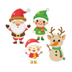 Santa, elf, snowman, and reindeer isolated on white background for christmas