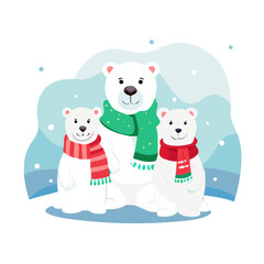 Three adorable polar bears wearing colorful scarves isolated on white background