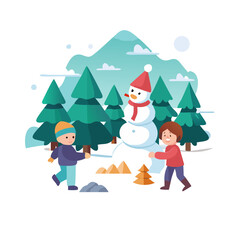 Children are building a snowman in winter forest isolated on white background