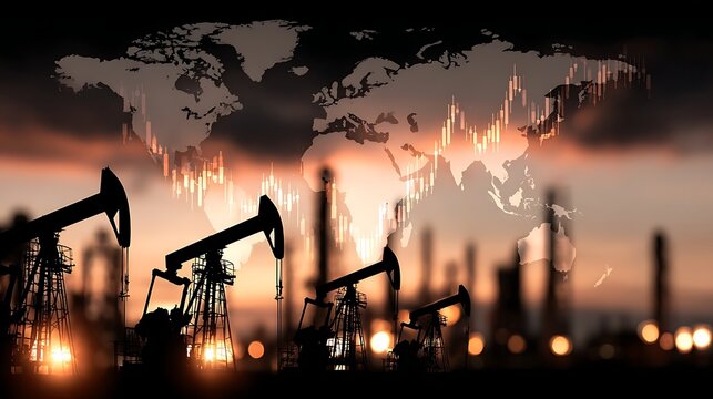 Global Oil Industry at Sunset with Stock Market Overlay