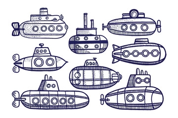 Submarine Collection: A captivating array of stylized submarines, illustrated with intricate line work, floats against a backdrop of endless depths.