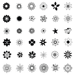 Botanical Flower Vector Set – 36 Unique Black and White Line Art Designs Featuring Diverse Petal Shapes and Floral Styles