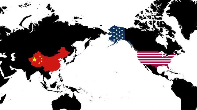 Animated world map highlighting China and the United States with their respective flags. Ideal for illustrating international relations, trade, or global connections. 4K Animation
