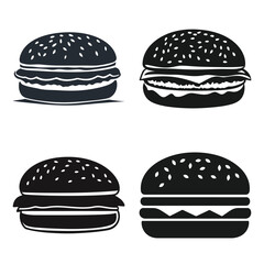 Fototapeta premium Four monochrome burger icons with sesame seeds on a white background illustration