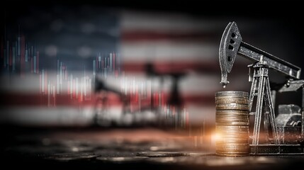 Oil pumpjack with stack of coins and stock chart against blurred American flag