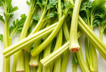 Whimsical celery stalks with vibrant green leaves, natural elements, isolated on white,  artistic,  playful