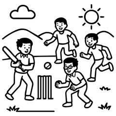 Black and White Vector Illustration of Children Playing Cricket Outdoors