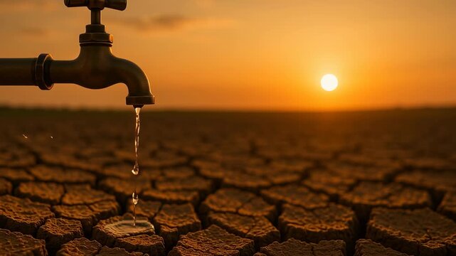 Water scarcity challenge. Drip from water tap on cracked dry soil at sunset highlighting drought and urgent water scarcity on parched land landscape