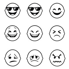 Obraz premium Minimalist Emoticon Line Art Set – Black and White Expressions Including Happy, Sad, Angry, Cool, and Playful Faces