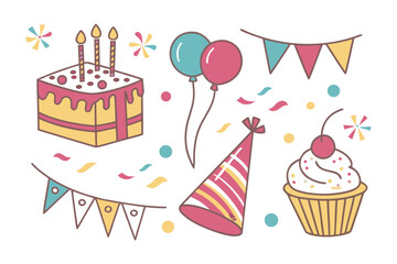 Birthday Celebration: A collection of birthday elements including cake, cupcake, balloons, confetti, a party hat, and a banner. Illustrative and fun image, perfect for birthdays.