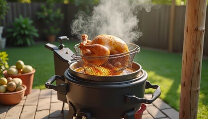 Fried Turkey Cooking in Outdoor Deep Fryer