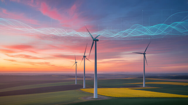 Dynamic wind turbines capture clean energy at sunrise, symbolizing future sustainability and innovation with data visualization.