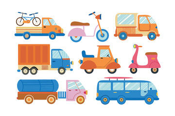 Vehicular Variety: A vibrant array of diverse vehicles illustrated in a clean, graphic style, perfect for illustrating concepts of transport and movement.
