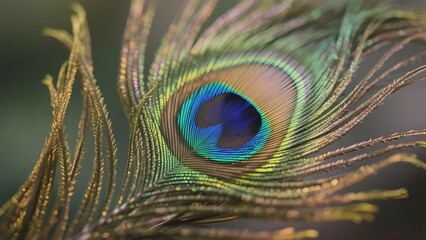 Close-up of a vibrant peacock feather displaying iridescent colors