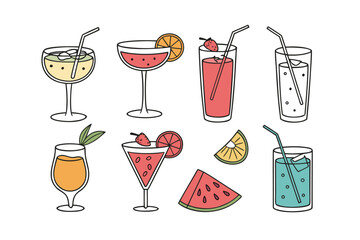 Colorful Beverage Variety: A collection of vividly colored cocktails and beverages with ice, fruit slices, and straws, perfect for summer refreshment and tropical vibes. 