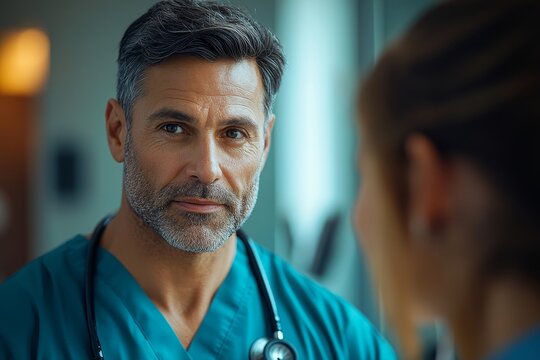 Portrait of a confident mature doctor in a hospital room, wearing medical scrubs and a stethoscope, discussing patient care with a nurse, reflecting professionalism and expertise, Generative AI