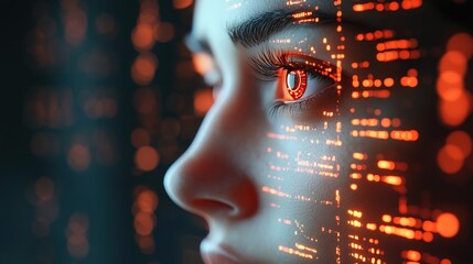 Futuristic Close-up Female Eye with Digital Data Overlay Illustration