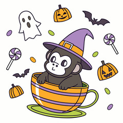 Cute Bashful Gorilla, accessorized with sitting in a teacup ride, in a Halloween world – Spooky Fun palette vector