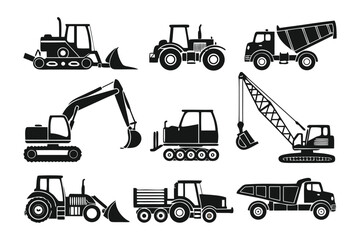 Construction Machinery Icons: An array of construction machinery silhouettes in various configurations, representing the essential tools of infrastructure development.