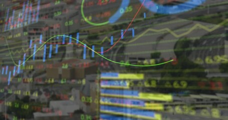 Aerial opening starting data animating as green and red lines and blue bars showing market trends - Powered by Adobe