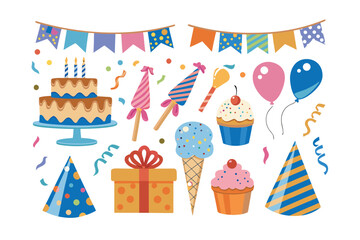 Festive Gathering: A vibrantly illustrated assortment of celebratory essentials, perfect for setting a joyful scene, including cakes, cupcakes, gifts, confetti, party hats, balloons, and flags. 