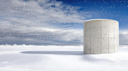 Obraz premium Concrete structure snowy landscape dramatic sky, evoking sense of isolation and tranquility