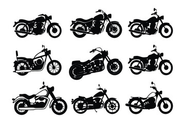 Obraz premium Motorcycle Silhouettes Collection: Captivating silhouettes of motorcycles in a monochrome palette. Perfect for transportation themes, showcasing various styles.
