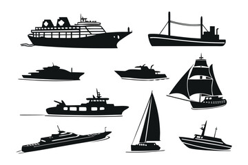 Obraz premium Boats and Vessels Silhouette: A collection of various vessel silhouettes, from a sailing ship to a sleek speedboat, captured in stark black and white contrast, ideal for any maritime theme.