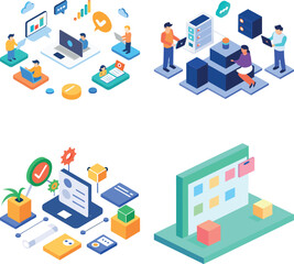 Business people characters learning, meeting, teamworking in office rooms. Trendy isometry template for background, banner, infographic template. Isometric line set vector illustration.