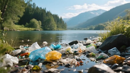 Plastic waste polluting a serene lakeside environment with mountains in the background