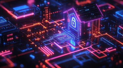 Fototapeta premium Futuristic Neon Style House Lock Cybersecurity Concept Glowing Abstract Illustration