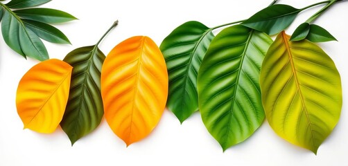 Naklejka premium Row of vibrant green paper cut tropical leaves, overhead view on white background, exotic, arrangement