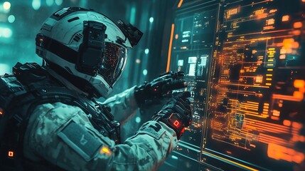 Futuristic Soldier in Spacesuit Interacting with Advanced Holographic Data Screen