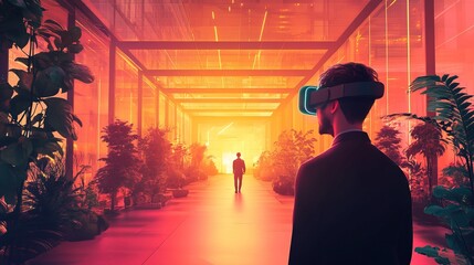 Futuristic VR Experience Man Immersed in Virtual Reality Garden Environment
