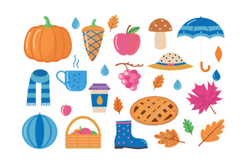 Autumn's Harvest of Delights: Vibrant array of seasonal symbols, from plump pumpkins to cozy scarves. It's a cheerful scene, embracing the essence of fall and nature's bounty.